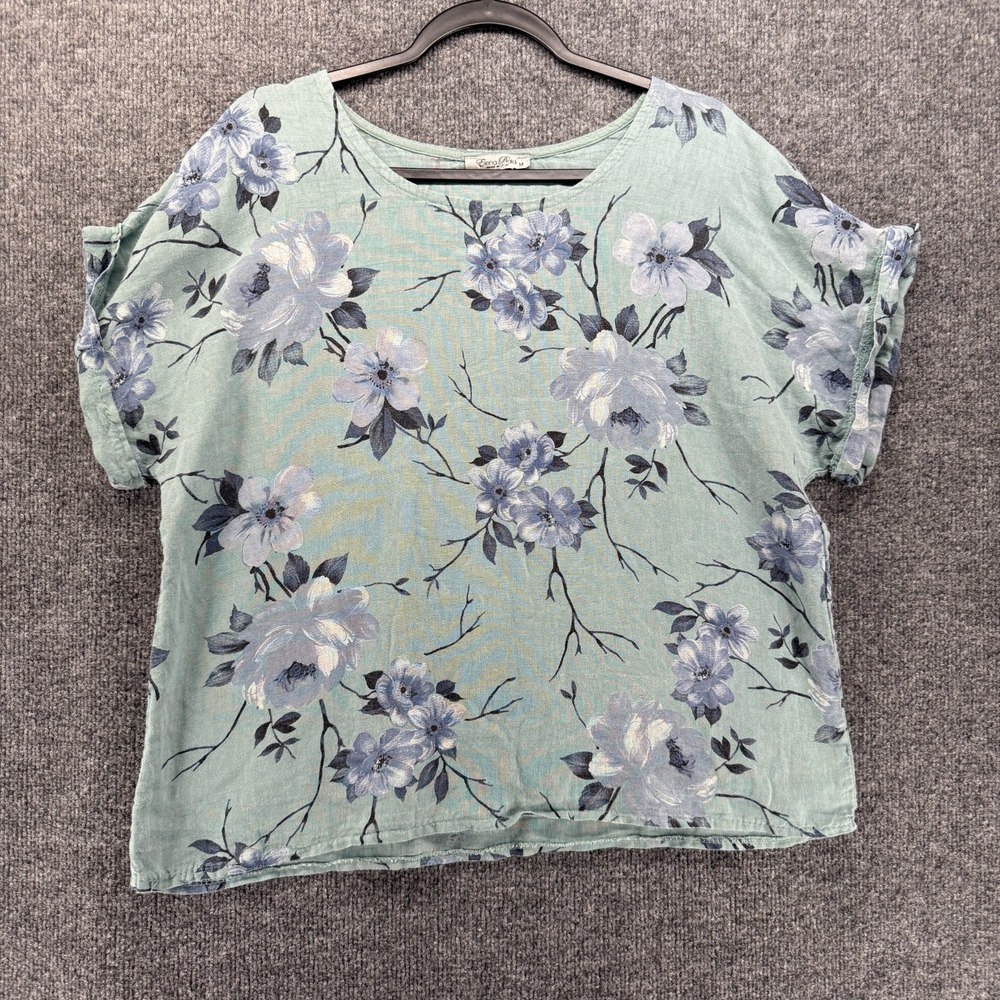 Elena Baldi Linen Top Womens M Blue Floral Short Sleeve Crop Boxy Boho Italy